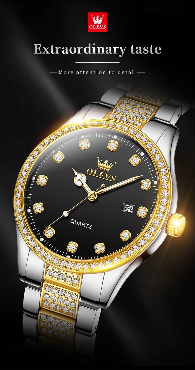nieuwe olevs olevs merk heren stalen band horloge met diamanten lichtgevende kalender modetrend eenvoudig zakelijk quartz horloge vakantie waterdicht sport heren polshorloge 2025 - $31.99 –P1