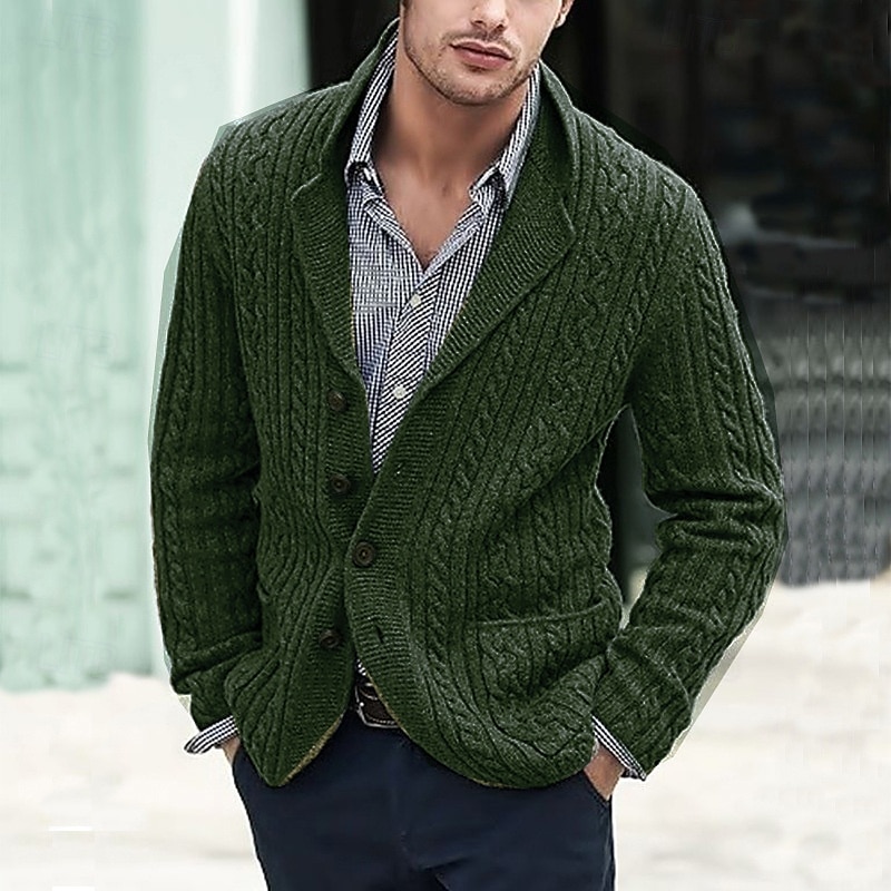 Men's Cardigan Sweater Knit Sweater Cable Knit Regular Button Up Side Pockets Solid Color Lapel Fashion Classic Daily Wear Date Clothing Apparel Fall & Winter Black Blue M L XL 2025 - $41.99 –P3