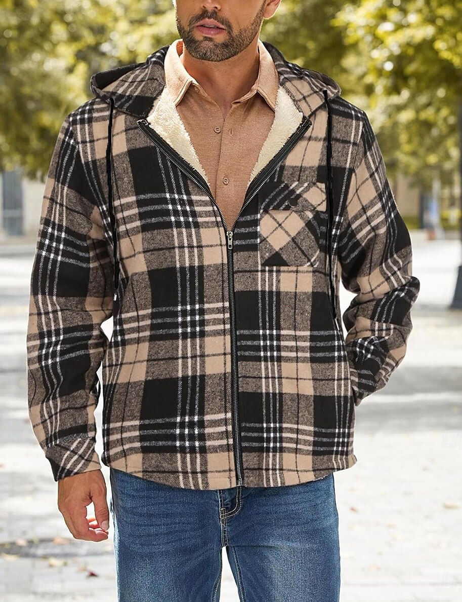 Herren Hemdjacke Kapuzenjacke Shacket Flanell-Fleecejacke Täglich Urlaub warm Mit Kapuze Herbst Winter Schottenstoff Kariert Modisch Strassenmode Kargen Standard Schwarz Dunkelrot Hellgrün Rote Blau 2025 - $60.99 –P37