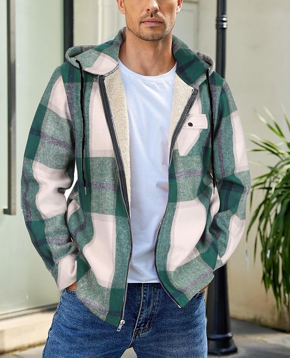 Herren Hemdjacke Kapuzenjacke Shacket Flanell-Fleecejacke Täglich Urlaub warm Mit Kapuze Herbst Winter Schottenstoff Kariert Modisch Strassenmode Kargen Standard Schwarz Dunkelrot Hellgrün Rote Blau 2025 - $60.99 –P1