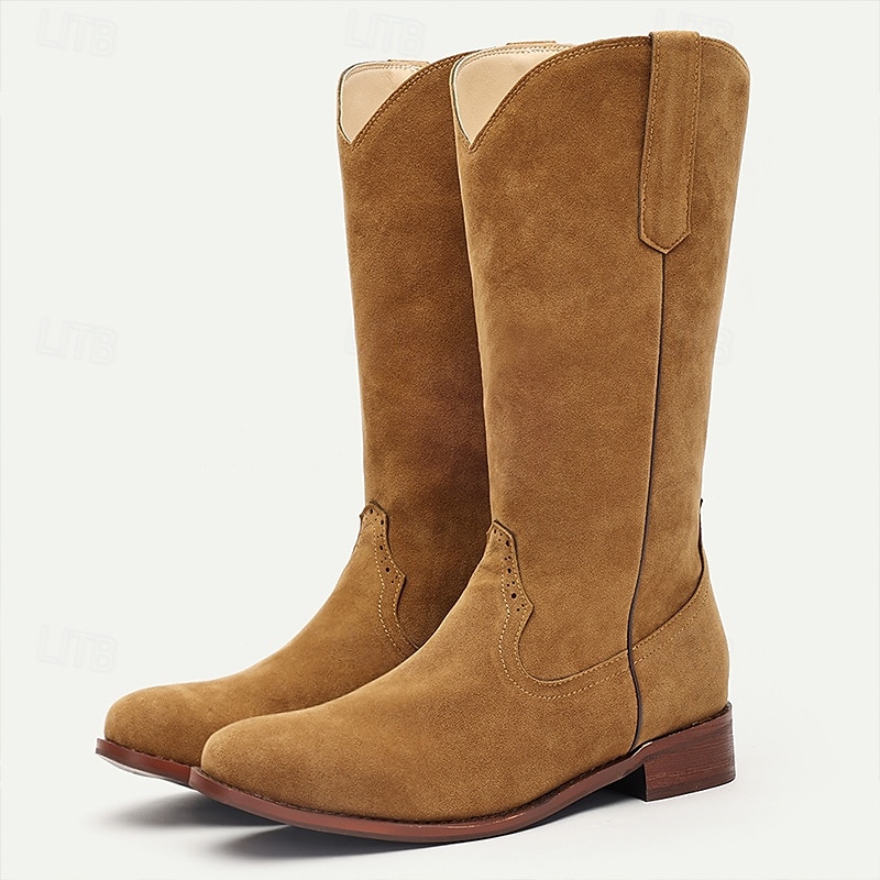 pánské hnědé semišové westernové kovbojské boty se stahovacími poutky a klasickým prošíváním - boty do půli lýtek ve vintage stylu 2025 - $54.99 –P12