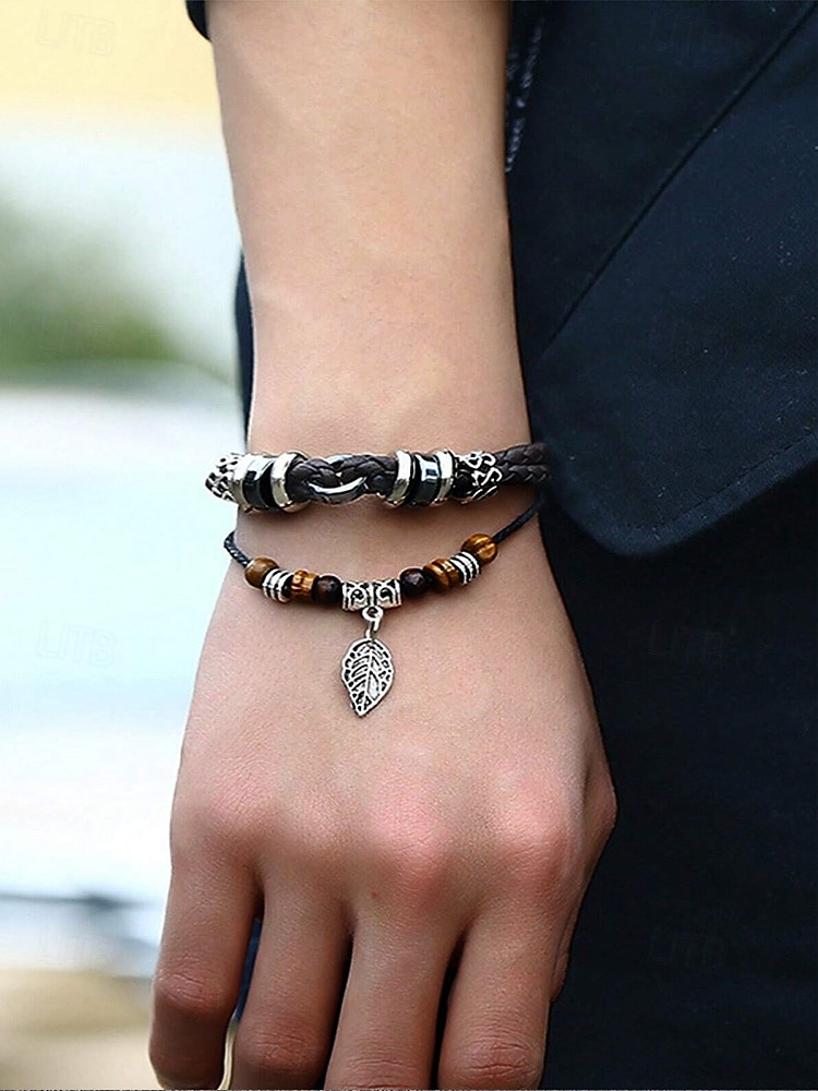 Men's Vintage Faux Leather Charm Bracelets with Wooden Beads and Silver Leaf Pendants - Bohemian Handmade Wristbands for Casual Wear 2025 - $8.99 –P3