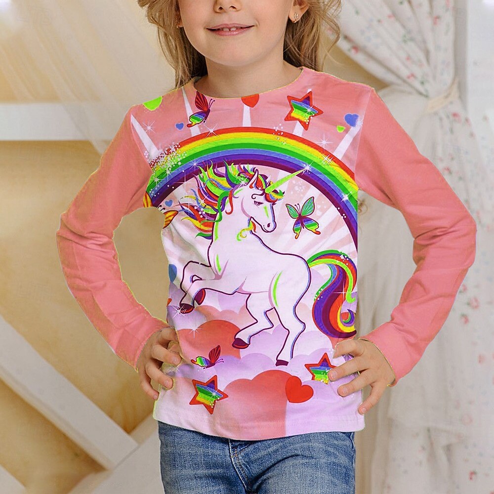 Flickor 3D Grafisk Enhörnings T-shirt Långärmad Vår Höst Mode Grundläggande Barn 4-12 år Rund hals Utomhus Ledigt Dagligen Normal 2025 - $13.99 –P2