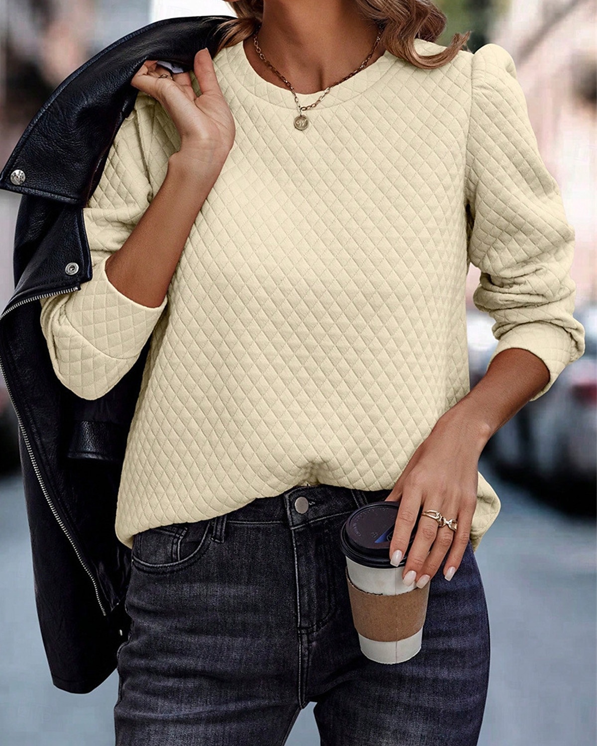 damskjorta texturerad sweatshirt våffeltröja enfärgad business modern långärmad rund hals normalstor toppar arbets svart marinblå brun beige höst vinter 2025 - $29.99 –P6