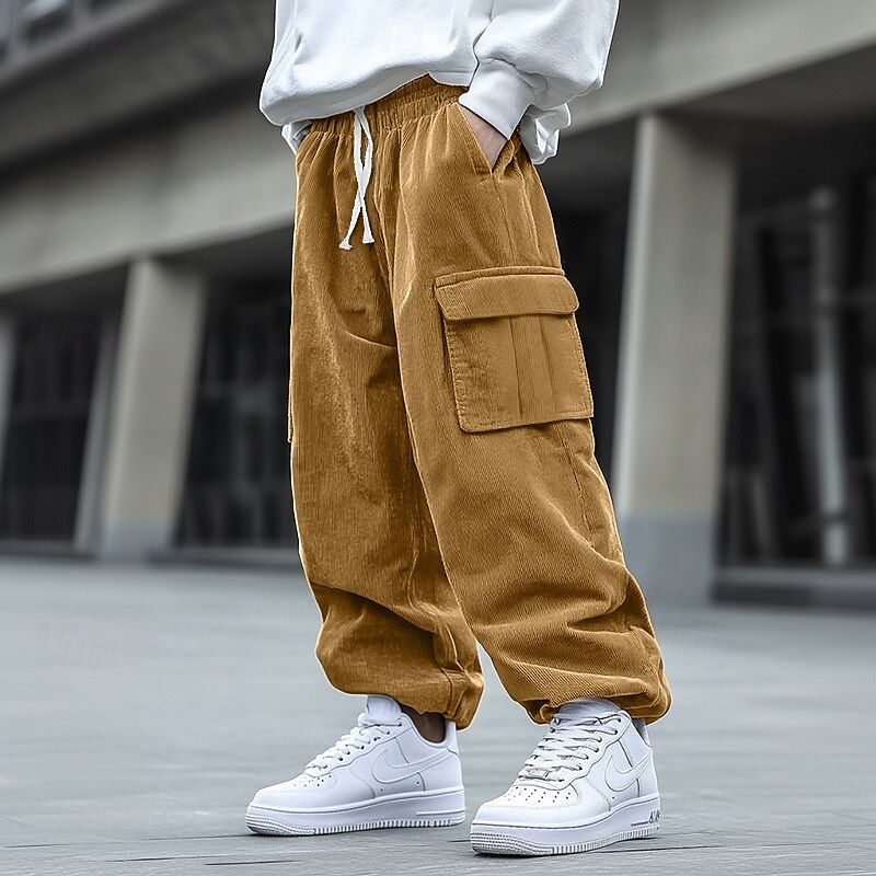 Homme Pantalon Cargo Pantalon en Velours Côtelé Pantalon Pantalon baggy Cordon Taille elastique Multi poche Couleur unie Respirable Doux Toute la longueur Formel Bureau Travail mode simple Ample Noir de 2025 ? $27.99 –P3