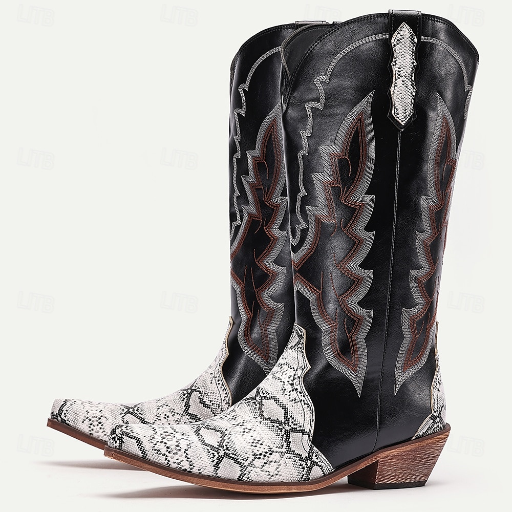 bottes de cowboy western pour hommes – similicuir noir avec accents d'imprimé serpent, détails brodés et talon bottier, parfaites pour le rodéo, les événements country et les tenues décontractées de 2025 ? $69.99 –P6