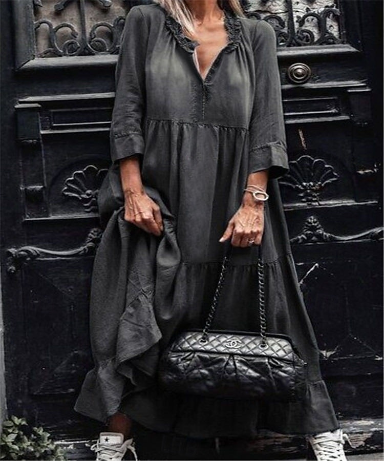Robe de travail Robe casual Femme robe longue Elégant Mode A Volants Col V manche longue Bureau du quotidien Plein Ample Noir Bleu Printemps Automne S M L XL 2XL de 2025 ? $51.99 –P3