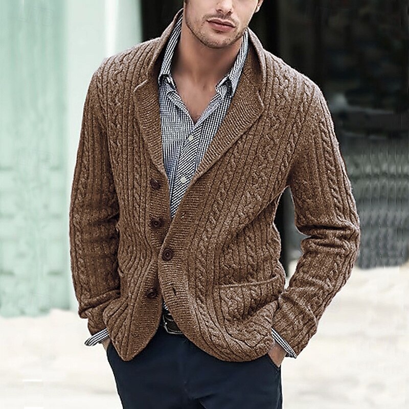 Men's Cardigan Sweater Knit Sweater Cable Knit Regular Button Up Side Pockets Solid Color Lapel Fashion Classic Daily Wear Date Clothing Apparel Fall & Winter Black Blue M L XL 2025 - $41.99 –P1