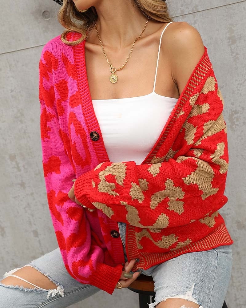Damen Strickjacke Modisch Täglich Brautkleider schlicht Leopard Farbblock Bedruckt Öffnung vorne Strick Langarm Normale Oberteile Stricken Formal Heim Rote Braun Herbst Winter 2025 - $37.99 –P7