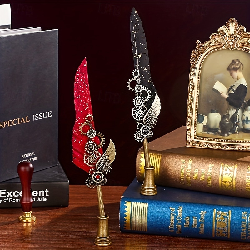 1 Set Geschenkbox, Federkiel, Kalligraphie-Stift und Tintenschreiber-Set, antikes Schreiben, Quilt-Tintenfeder, mechanisches Getriebe, Steampunk-Federkiel zum Zeichnen, Signieren und für 2025 - $28.99 –P14