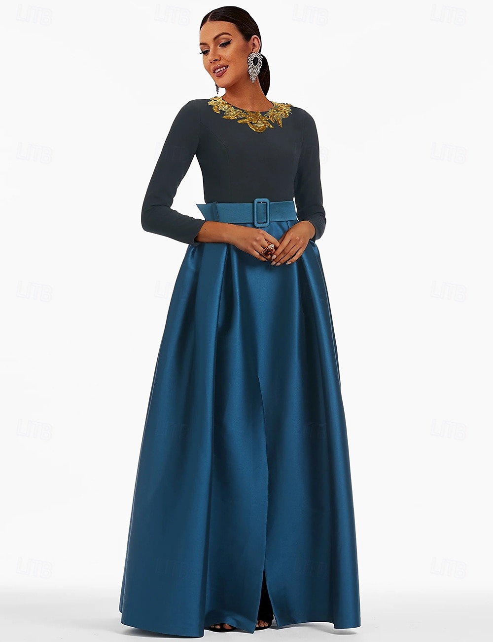 A-Linje Kvelds Kjole Elegant Kjole Formell Gulvlengde 3/4 Lengde Erme Juvel Hals Lomme Sateng med Glitrende Slisse 2025 - $171.99 –P2