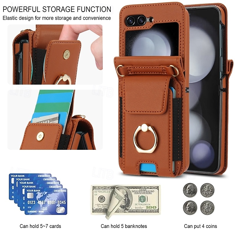 Phone Case For Samsung Galaxy Z Flip 7 Z Flip 6 Z Flip 5 Z Flip 4 Z Flip 3 Back Cover Ring Holder with Lanyard with Wrist Strap Retro TPU PU Leather 2025 - $29.99 –P9