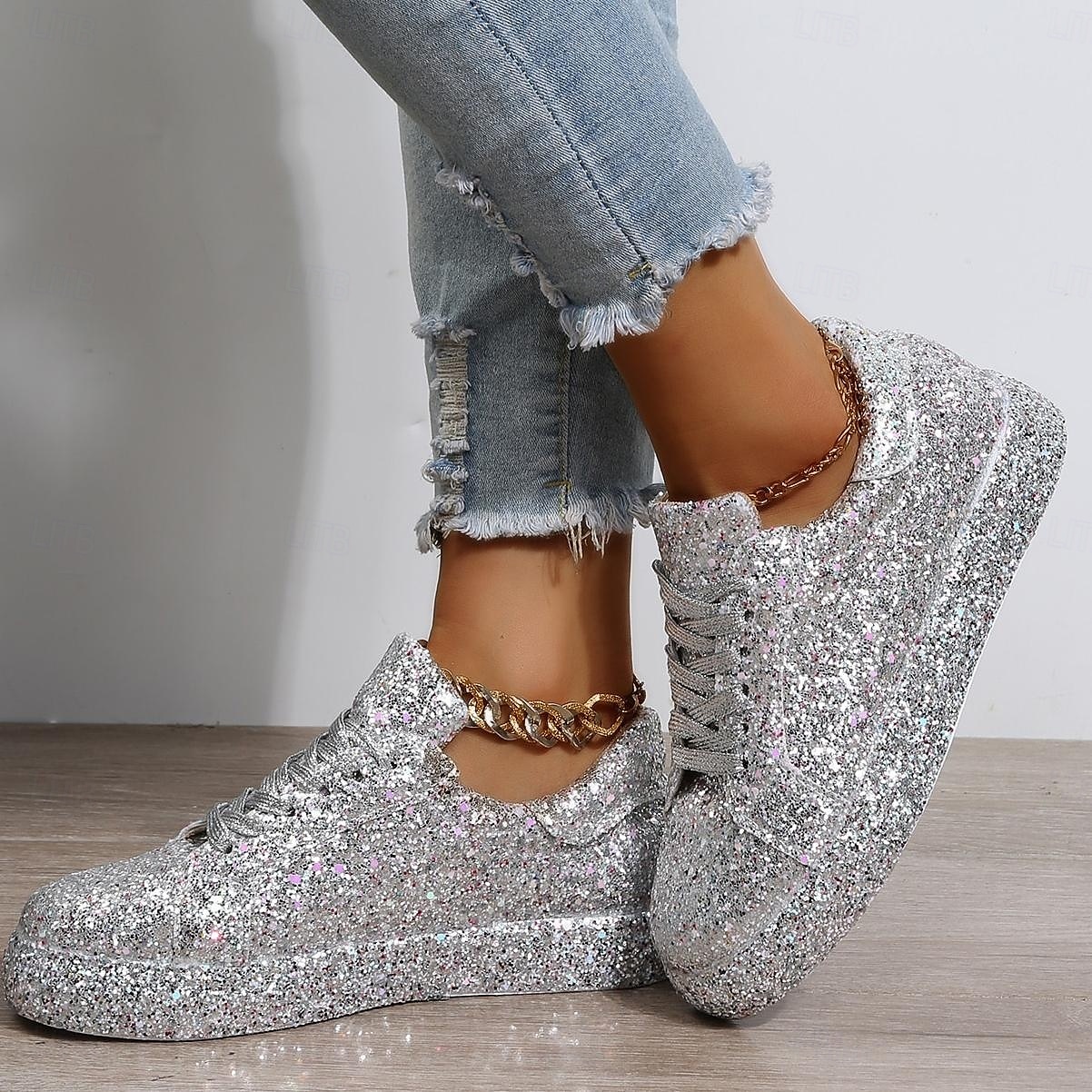 sneakers da donna con plateau e glitter argento - scarpe casual con lacci scintillanti per feste e street style del 2025 a $42.99 –P2