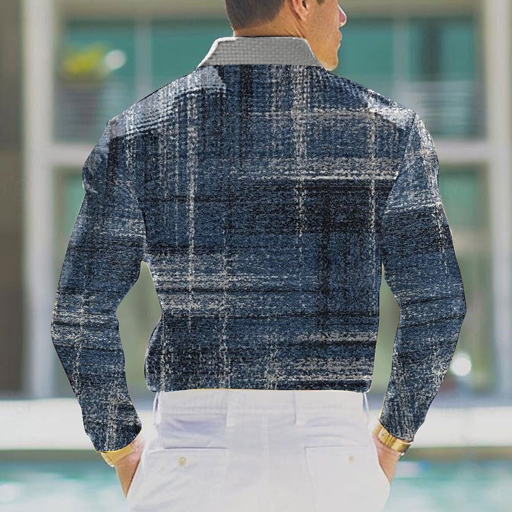 Men's Plaid Waffle Polo Shirts Golf Shirt Long Sleeve Polo Shirts Collared Shirts Vintage Casual Vacation Wear Formal Wear Festival Wear Buttons 3D Print Spring Fall Winter Blue 2025 - $23.99 –P2