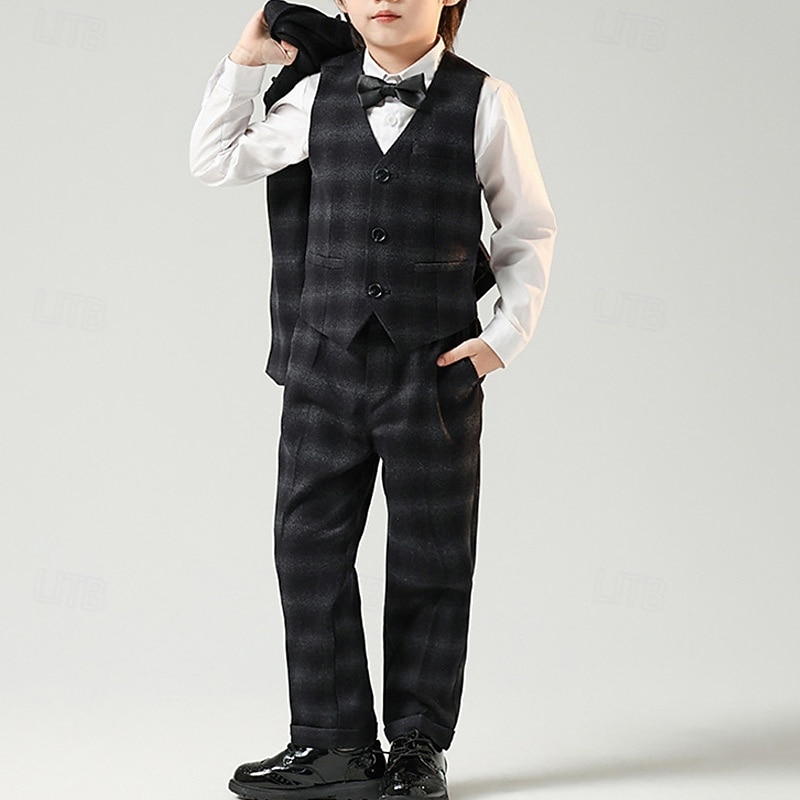 4 delar Ringbärarkostym Pojkar Barn Kostym Formell kostym Kostym och blazer Formellt set Formell Fest Mode Häftig Rutig Ficka Svart Kaffe Polyester 2025 - $88.99 –P4