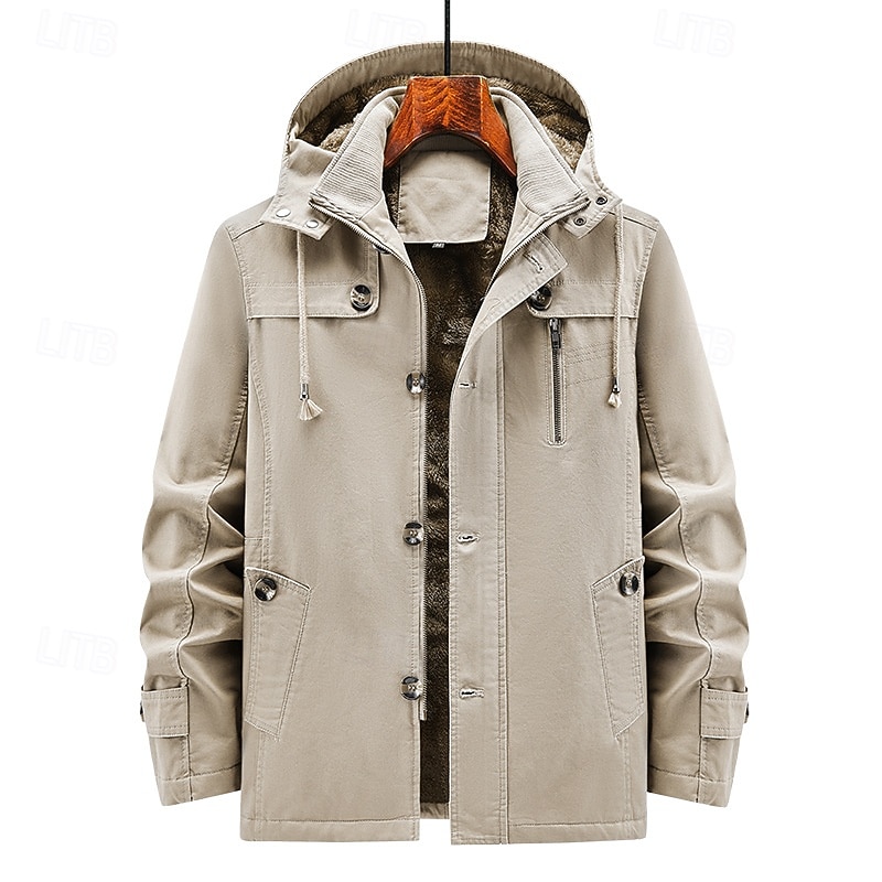 Men's Outdoor Jacket Fleece Jacket Cargo Jacket Hoodied Jacket Formal Home Pocket Winter Spring &  Fall Solid Color Vintage Fashion Shirt Collar Regular Black Brown Khaki Jacket 2026 - $79.99 –P6