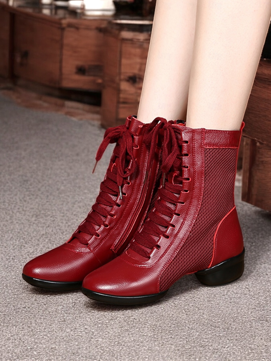 Women's Red Lace-Up Dance Boots with Mesh Panels and Low Heel, Ideal for Jazz, Ballroom, and Latin Dance Performances 2025 - $42.99 –P1