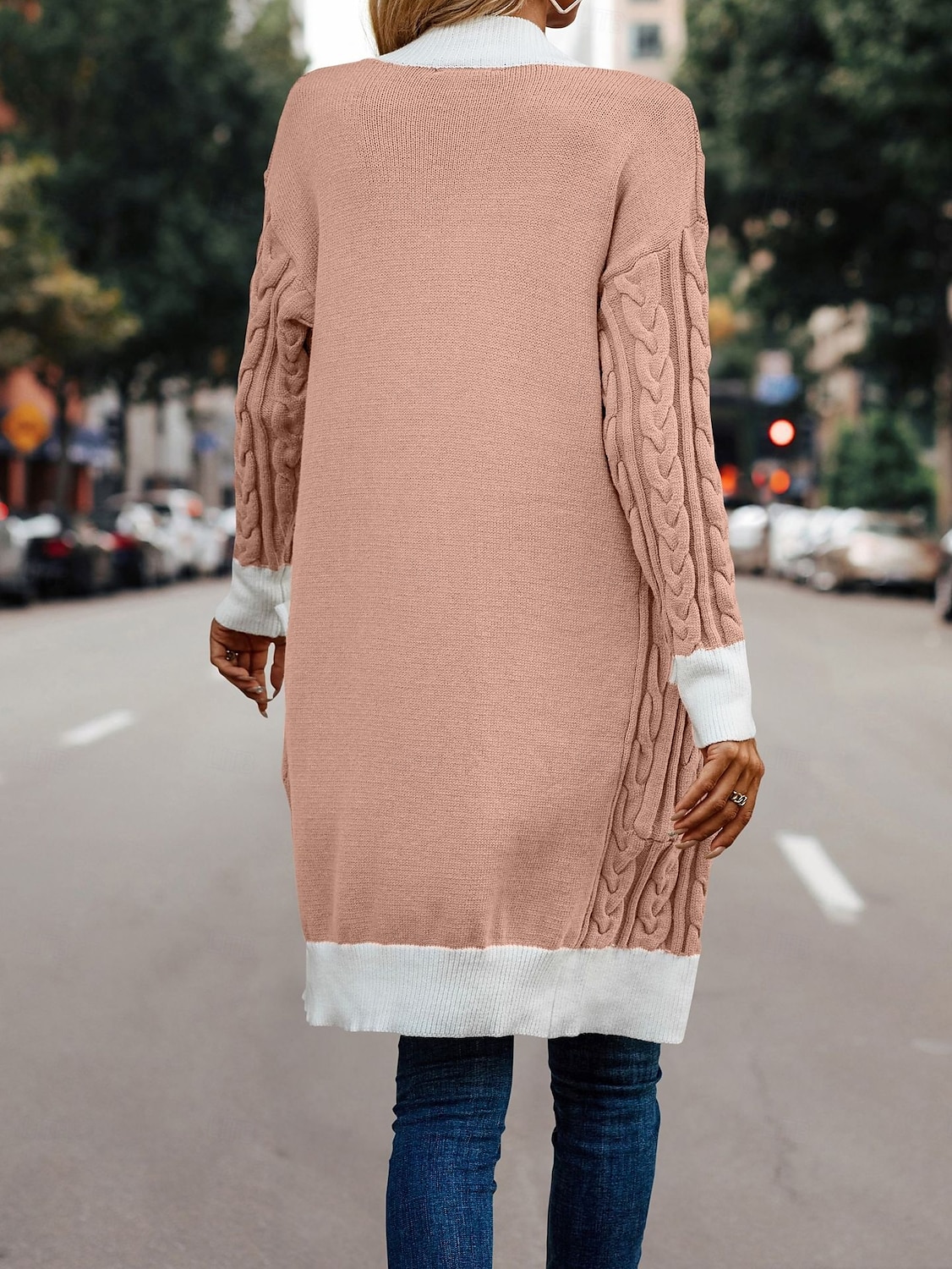Dame Kofte Elegant Mote Gatemote Fargeblokk Kabel Åpen Forside Strikket Langermet Lange topper Strikke utendørs Arbeid Helg Dusty Rose Kakifarget Høst Vinter 2025 - $44.99 –P8