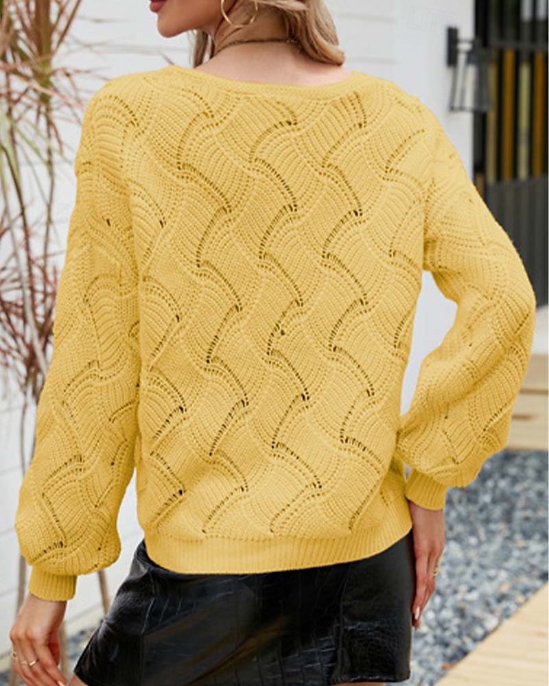 Women's Sweater Elegant Fashion Daily Solid Color Crochet V Neck Knitted Long Sleeve Regular Tops Knit Work Yellow Dusty Blue Fall Winter 2025 - $52.99 –P6