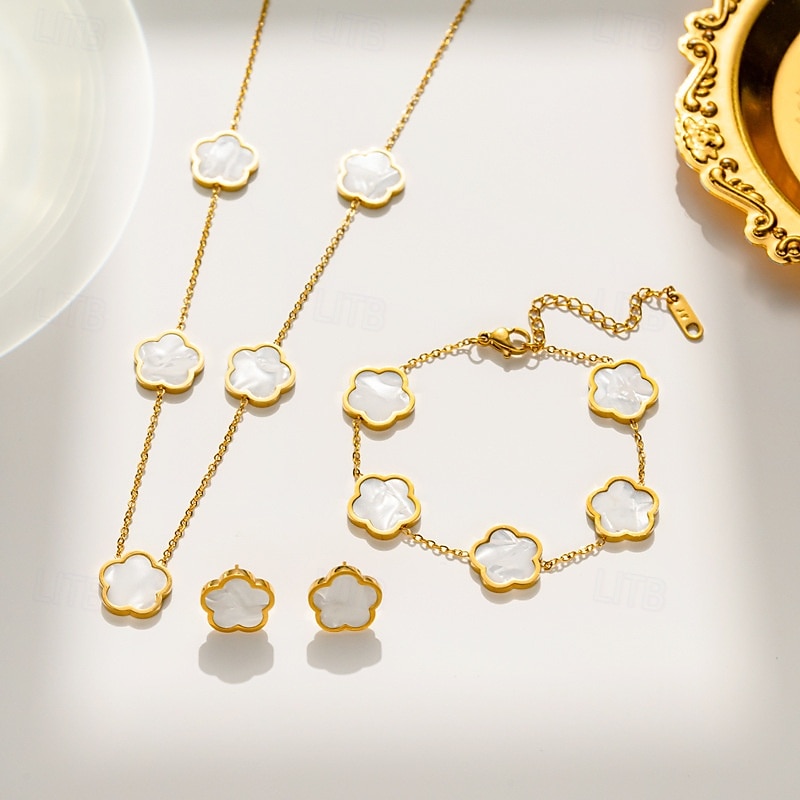 parure de bijoux en plaqué or avec fleur et nacre pour femme – collier, bracelet et boucles d'oreilles élégants pour femme de 2025 ? $24.99 –P6