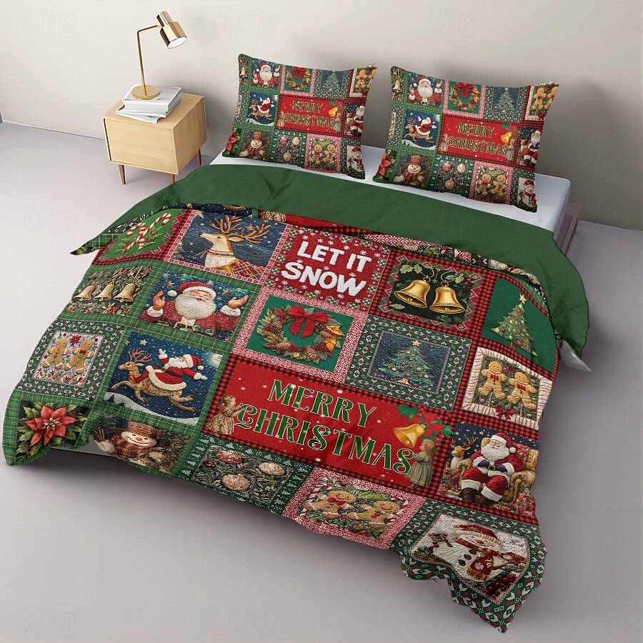 conjunto de capa de edredom de natal estilo vintage patchwork design conjunto de edredom de natal completo inclui capa de edredom e fronhas perfeito para adicionar alegria sazonal e conforto à decoração do seu quarto de 2025 por $69.99 –P10