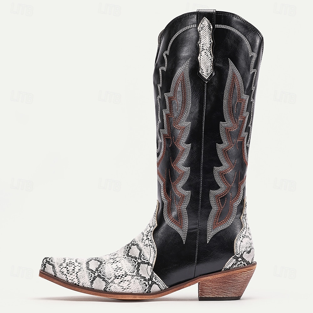 bottes de cowboy western pour hommes – similicuir noir avec accents d'imprimé serpent, détails brodés et talon bottier, parfaites pour le rodéo, les événements country et les tenues décontractées de 2025 ? $69.99 –P4