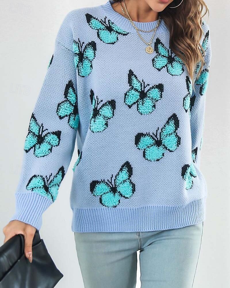 Damen Pullover Modisch Kuschelig Strassenmode Graphic Bedruckt Rundhalsausschnitt Strick Langarm Normale Oberteile Stricken Arbeit Wochenende Blau Orange Herbst Winter 2025 - $56.99 –P1