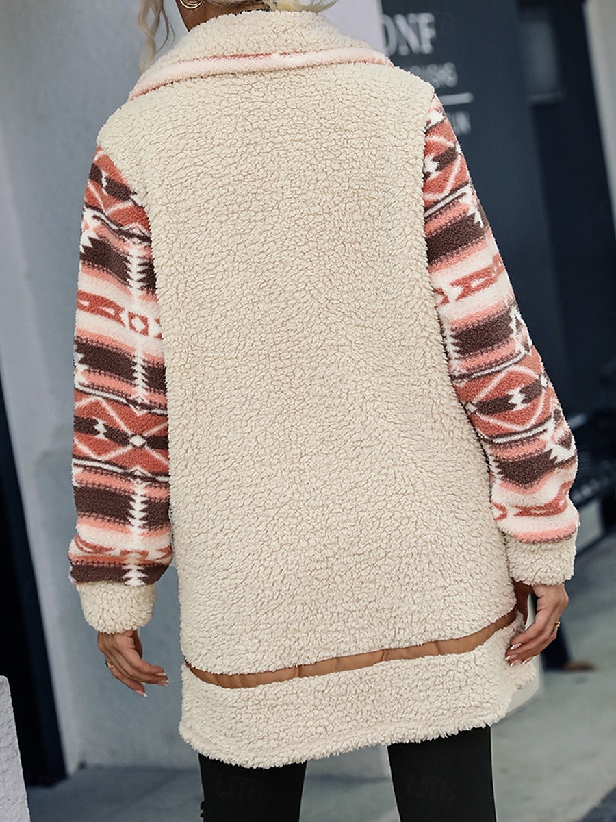 Dames Fleecejack Teddy jas Hoodie jas Houd Warm Ademend Vetoketju Zak Met fleece gevoerd Vintage Casual Geometrisch Vakantie Straat Alledaagse kleding Uitgaan Rits Lang Strijkijzer Normale pasvorm 2025 - $52.99 –P4