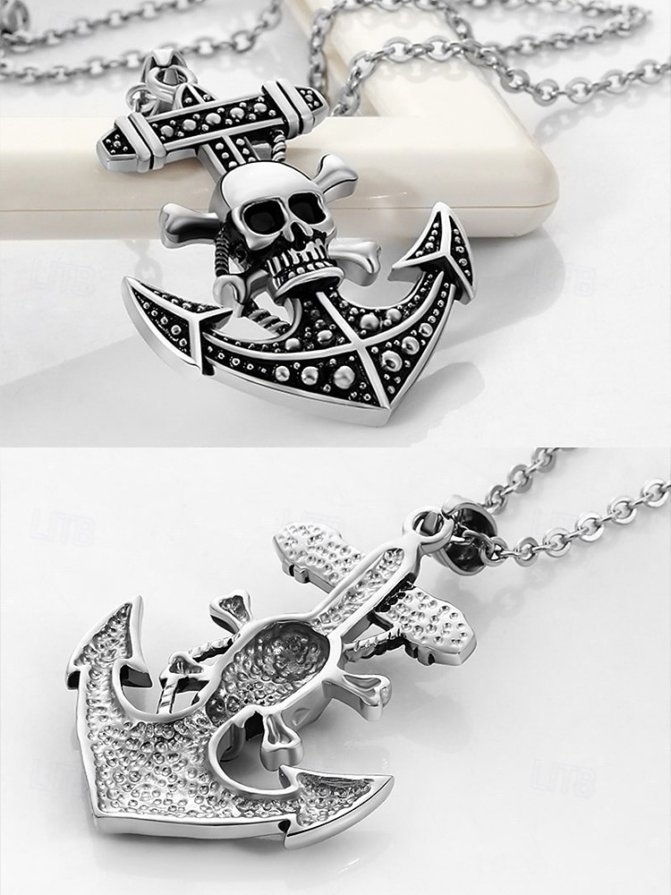 colar masculino com pingente de caveira gótica e âncora – corrente de aço inoxidável com tema pirata vintage para estilos de motociclista, punk e halloween de 2025 por $11.99 –P2