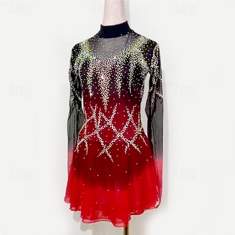 Kunstschaatsjurk Dames Voor meisjes Schaatsen Jurken Zwart / rood Lapwerk Netstof Hoge Elasticiteit Opleiding Wedstrijd Kunstschaatskleding Klassiek Kristal / Bergkristal Lange mouw Schaatsen 2025 - $174.99 –P2