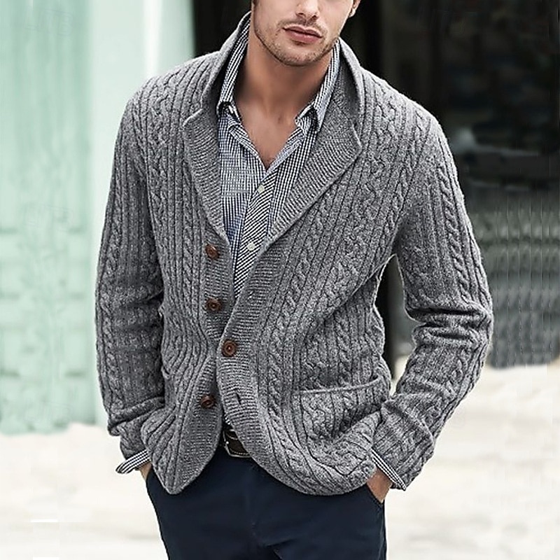 Men's Cardigan Sweater Knit Sweater Cable Knit Regular Button Up Side Pockets Solid Color Lapel Fashion Classic Daily Wear Date Clothing Apparel Fall & Winter Black Blue M L XL 2025 - $41.99 –P5