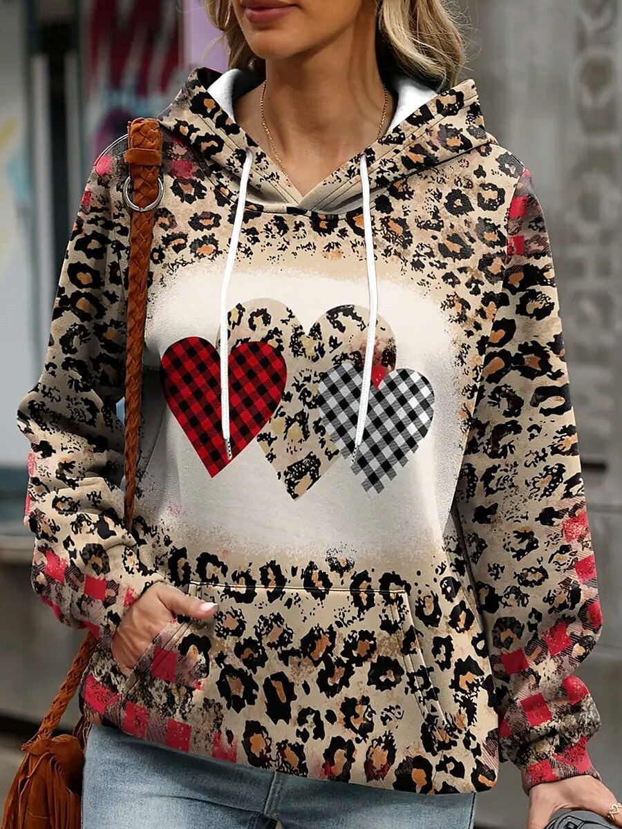 dame hettegenser sweatshirt hjerte leopard street dailywear lommetrykk tilfeldig hettegenser langermet mikroelastisk høst vinter komfort pustende mykt stoff 2025 - $31.99 –P1