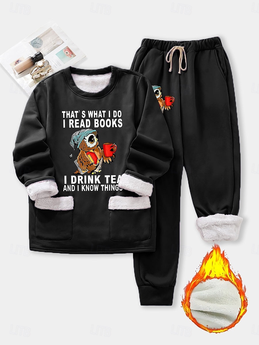 Kvinnors 2 delar Sweatshirt Tracksuits Byxor Fluffy Pyjama Set Långärmad Top och Byxa Text Tryck Komfort Avslappnad Hemma Kläder Dragsko Solid Mysig Vinter 2025 - $43.99 –P7