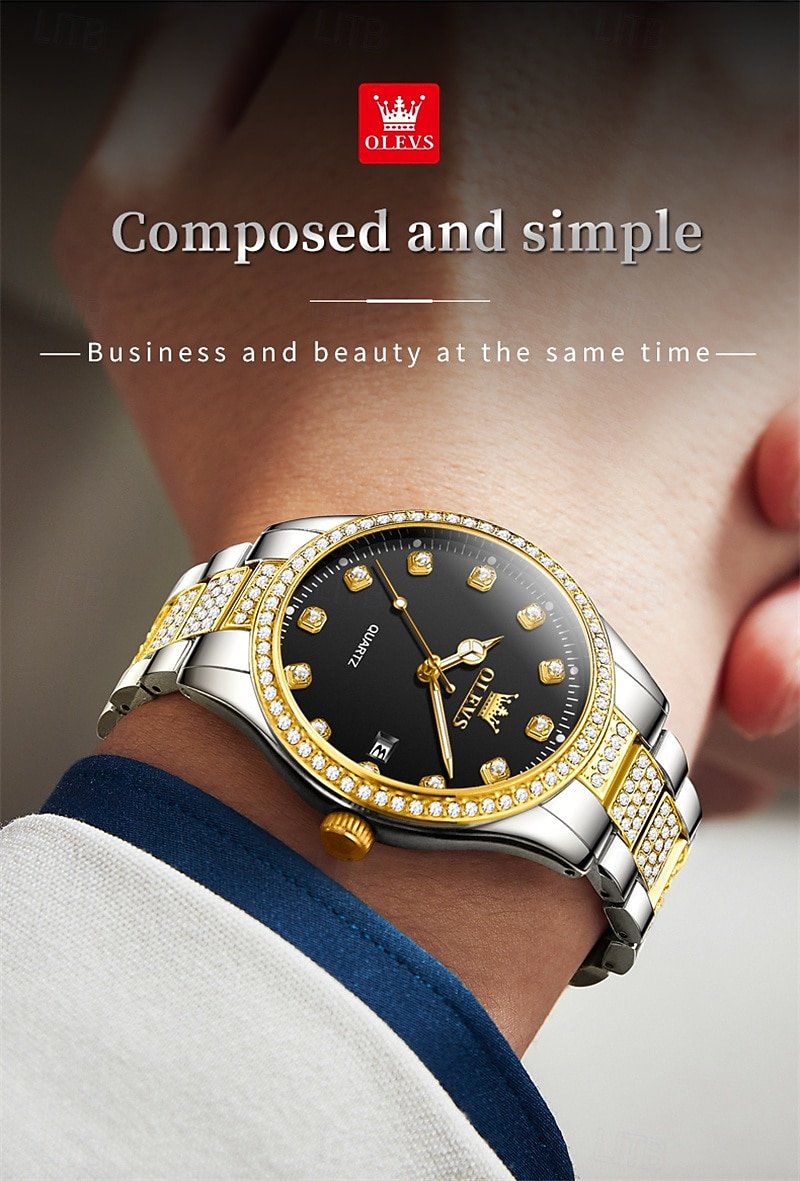 nieuwe olevs olevs merk heren stalen band horloge met diamanten lichtgevende kalender modetrend eenvoudig zakelijk quartz horloge vakantie waterdicht sport heren polshorloge 2025 - $31.99 –P13