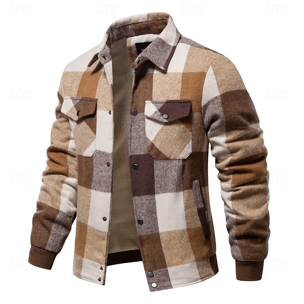 Per uomo Giacca da camicia Giacca sportiva Giacca in pile di flanella Casual / quotidiano Sexy Autunno inverno Color Block A quadri / A righe / Chevron Informale Bavero Standard Nero Blu reale Cachi del 2025 a $88.99 –P1
