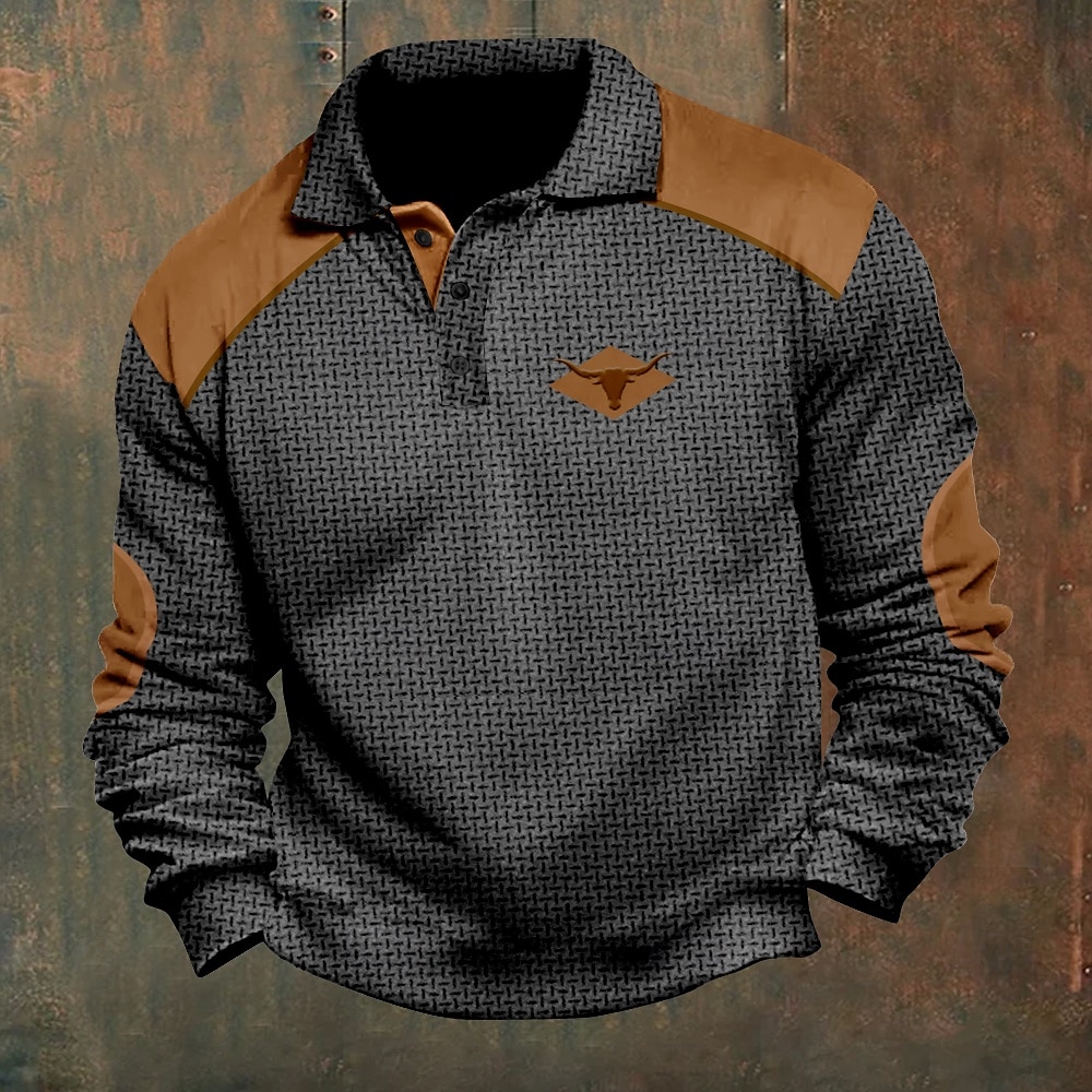 Men's Cow Cowboy Polo Shirts Pullover Long Sleeve Polo Shirts Collar Vintage Casual Outdoor Streetwear Buttons 3D Print Fall & Winter Black 2025 - $23.99 –P1