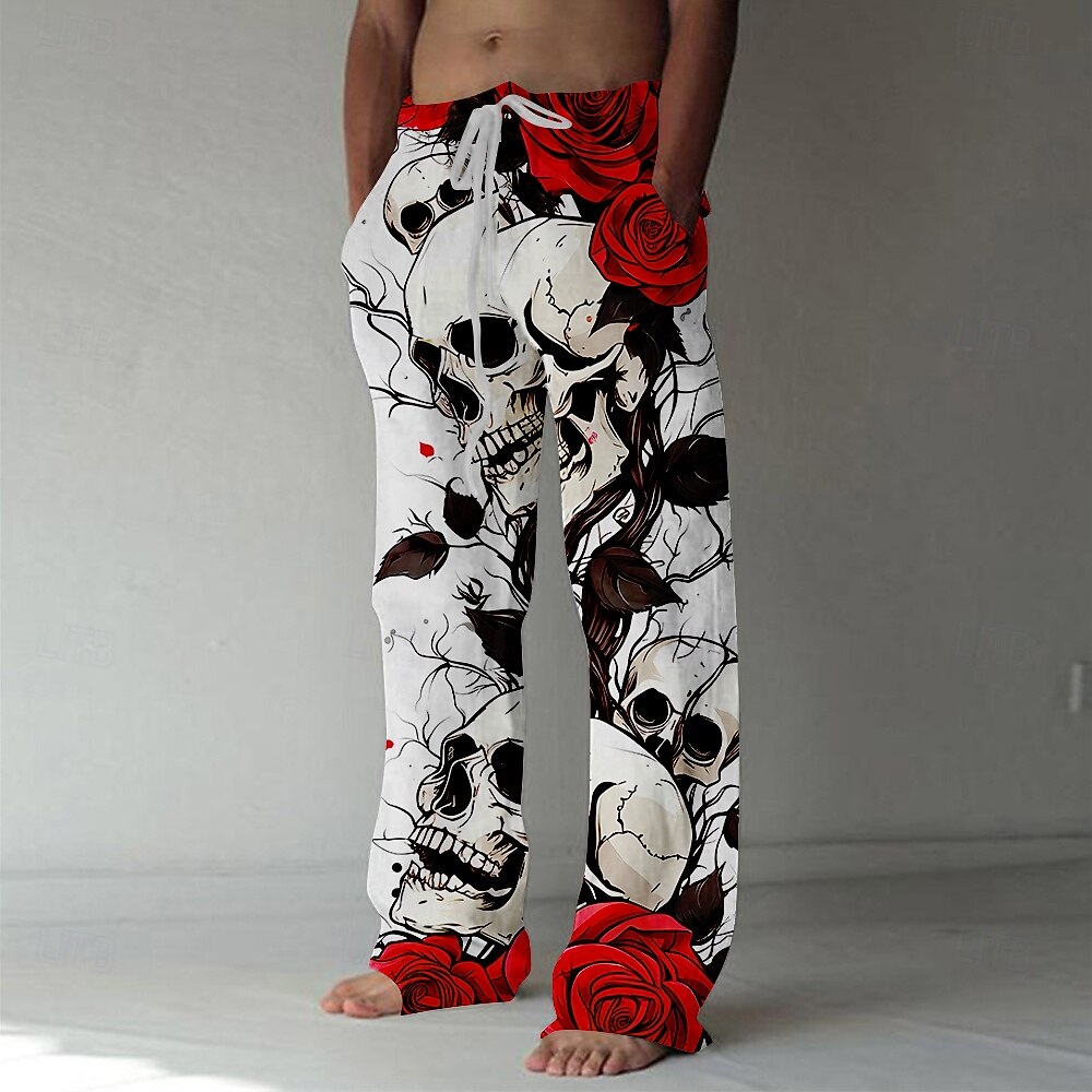 Männer Coole Totenköpfe Rose Hosen Hosen Mittlere Taille Kordelzug Elastischer Bund Hawaiianer Horror Party Abendkleidung Feiertag Gerade Beine Hosen Sommer Frühling Herbst 3D Druck Rot Blau Lila 2026 - $27.99 –P1