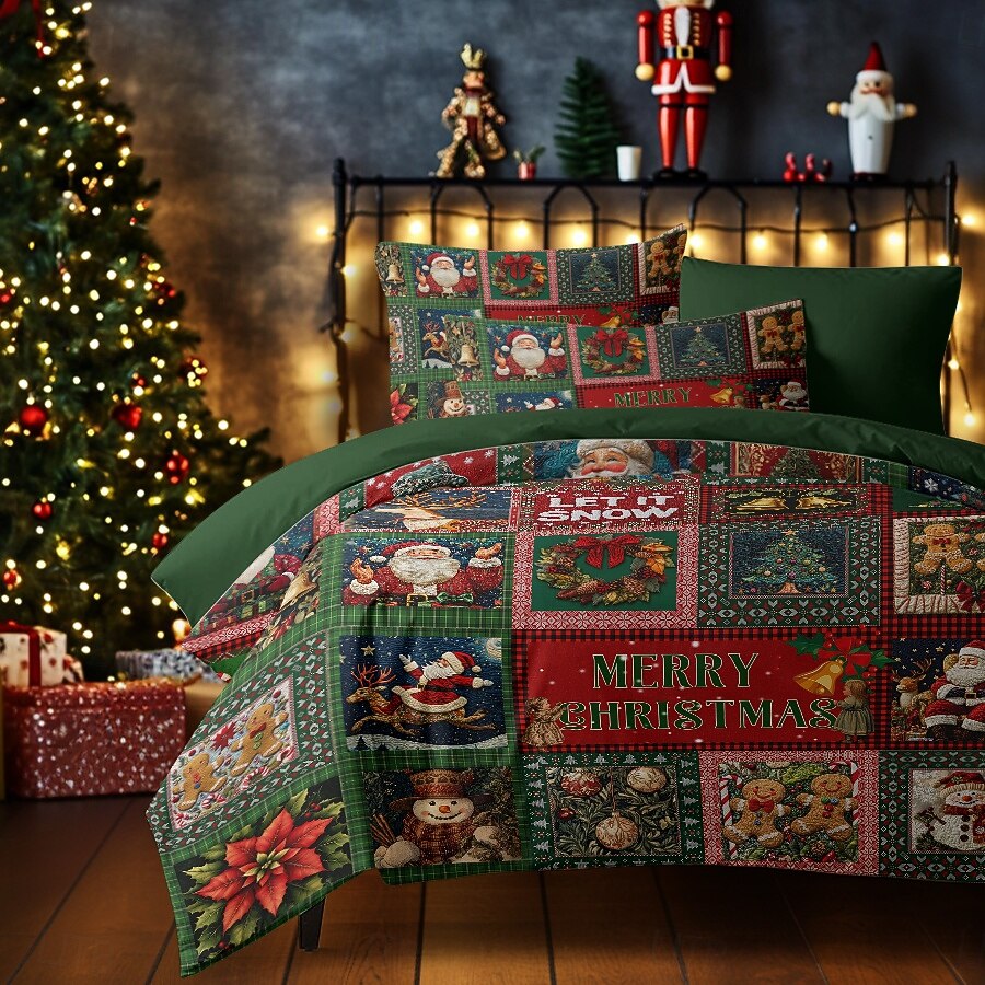conjunto de capa de edredom de natal estilo vintage patchwork design conjunto de edredom de natal completo inclui capa de edredom e fronhas perfeito para adicionar alegria sazonal e conforto à decoração do seu quarto de 2025 por $69.99 –P1