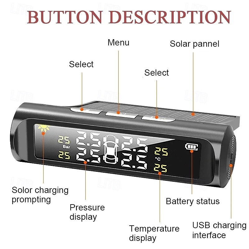 monitor de presiune a anvelopelor de mașină fără fir mașină tpms sistem de monitorizare a presiunii în anvelope a energiei solare afișaj digital lcd usb alarmă de securitate auto anvelope senzor 2025 - $52.99 –P5