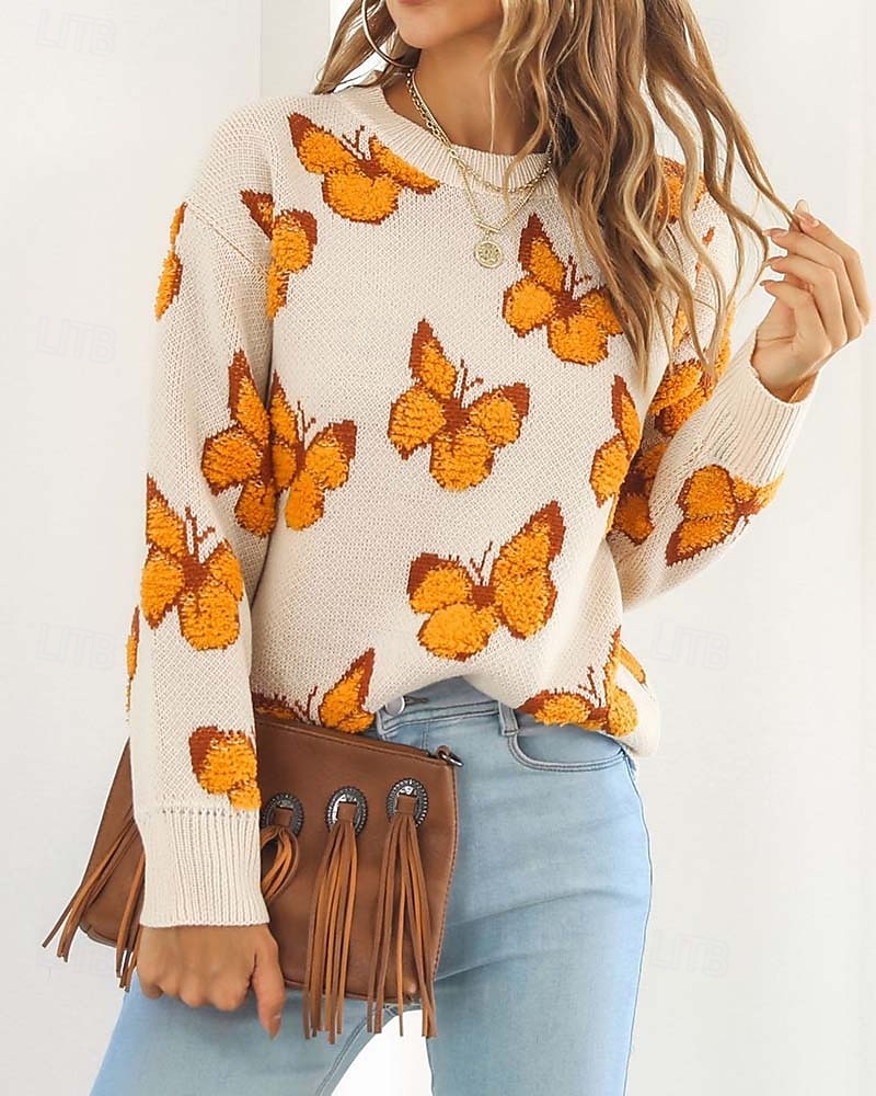 Damen Pullover Modisch Kuschelig Strassenmode Graphic Bedruckt Rundhalsausschnitt Strick Langarm Normale Oberteile Stricken Arbeit Wochenende Blau Orange Herbst Winter 2025 - $56.99 –P9