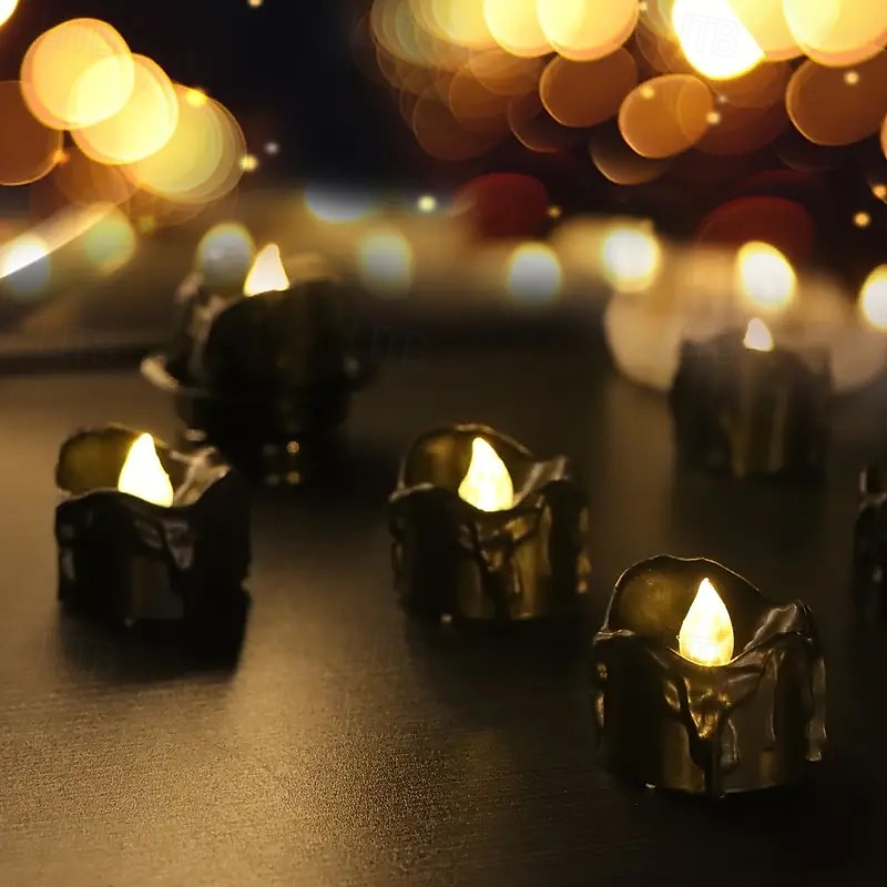 Black Flameless Teardrop Candle Lights Yellow Twinkle Tea Light Candle with Glitter Decoration Freestanding Plastic Round Single Wick for Various Room Types Valentine's Day  Halloween Christmas 2025 - $6.49 –P8