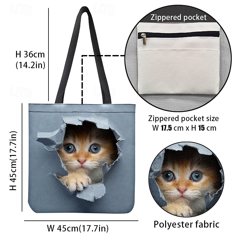 schattige tas met kattenprint voor dames - duurzame canvas boodschappentas met 3D-kattenontwerp voor kattenliefhebbers en dagelijks gebruik 2026 - $18.99 –P4