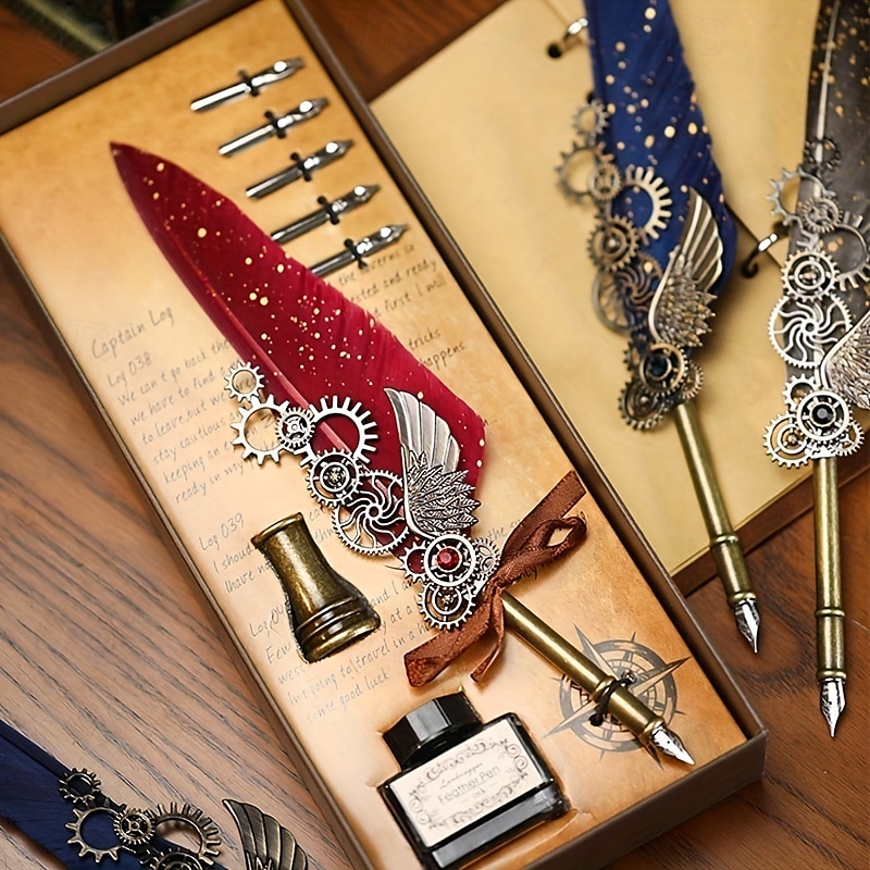 1 Set Geschenkbox, Federkiel, Kalligraphie-Stift und Tintenschreiber-Set, antikes Schreiben, Quilt-Tintenfeder, mechanisches Getriebe, Steampunk-Federkiel zum Zeichnen, Signieren und für 2025 - $28.99 –P2