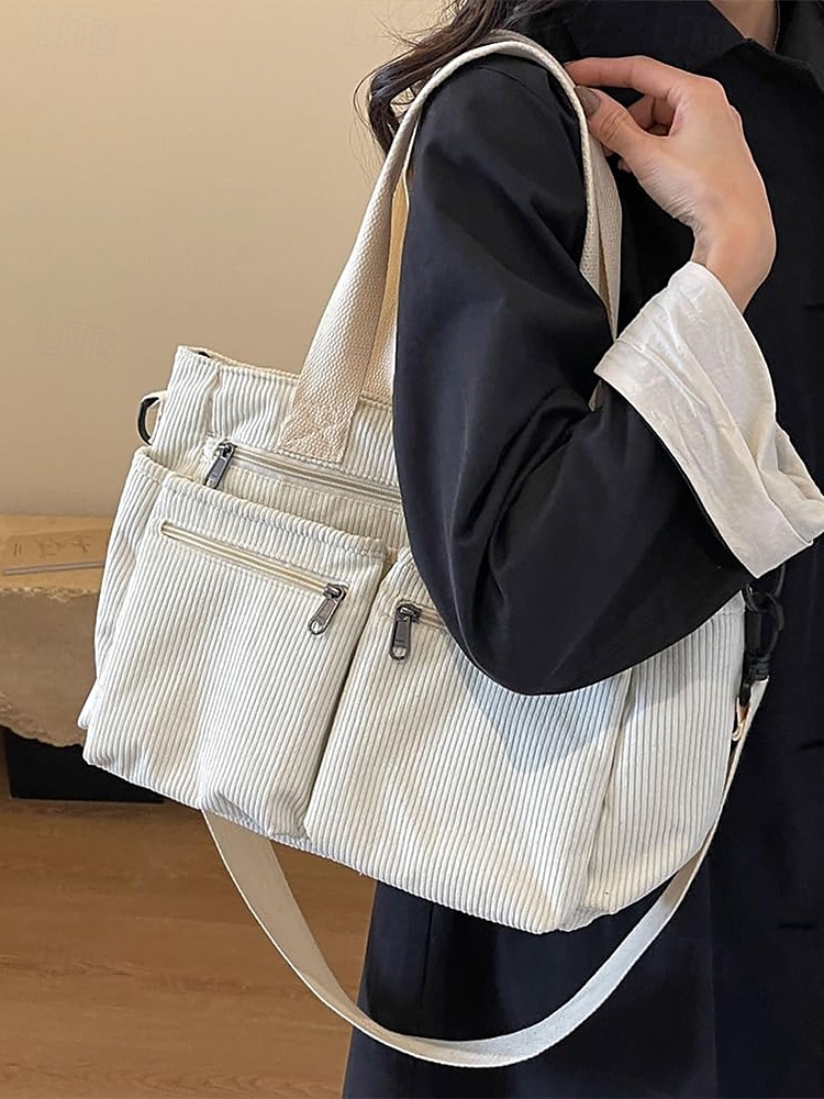 torba typu tote vintage z kordu z wieloma kieszeniami na suwak - swobodna torebka damska 2025 - $26.99 –P4