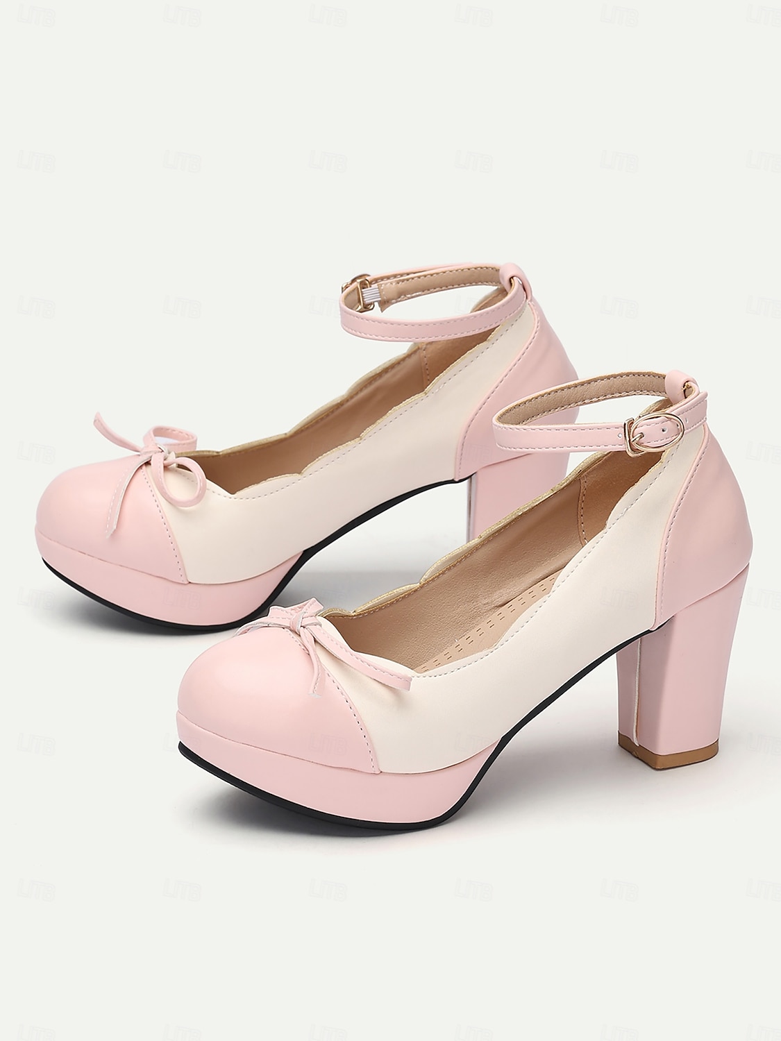 vintage tvåfärgade chunky klackar för kvinnor med ankelrem och rosettdetalj – skor i retrostil för speciella tillfällen 2025 - $59.99 –P3