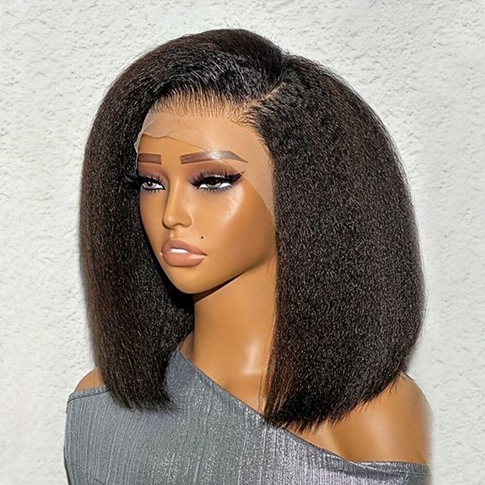Perruque Cheveux Naturel Rémy 13x4 devant en dentelle Cheveux Brésiliens Bouclé Yaki Droite Noir Partie libre Avec queue de cheval perruques pour femmes noires Densité 180% avec des cheveux de béb de 2025 ? $239.79 –P2