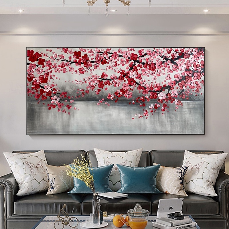 Großes Pflaumenblüten-Ölgemälde, handgemalte rosa Blumen, Leinwand-Wandkunst, dicke Textur, Palettenmesser-Gemälde, Nachttisch-Kunst, Jubiläumsgeschenk, Heimdekoration 2025 - $125.99 –P2