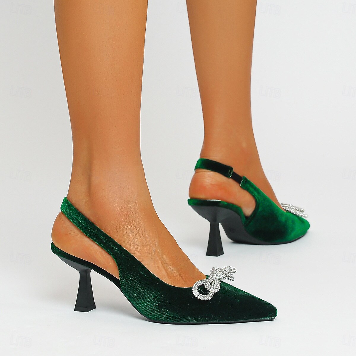 Women's Velvet Slingback Heels – Pointed Toe Cocktail Party Pumps with Rhinestone Bow for Holiday and Nightlife Glam 2025 - $46.99 –P4