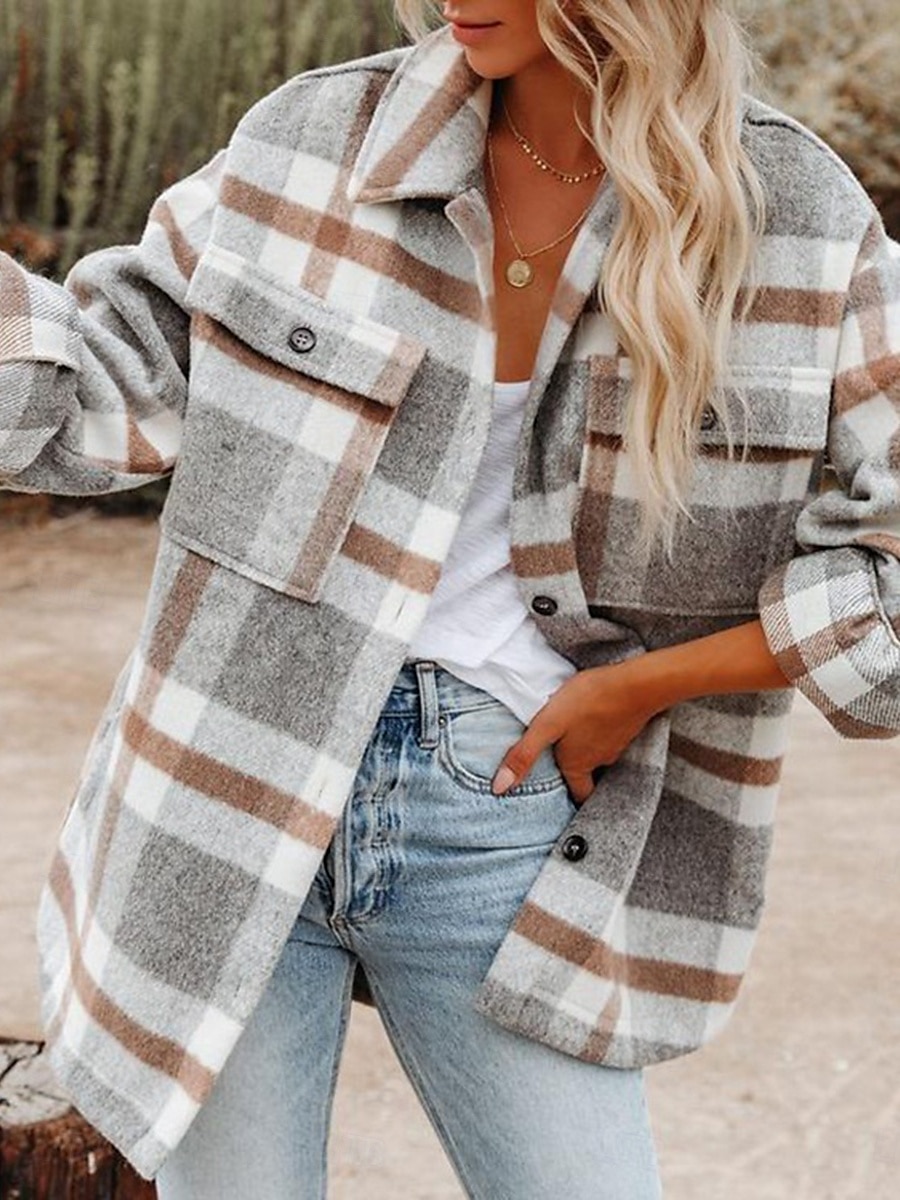 Women's Shirt Jacket Shacket Warm Breathable Buttons Pocket Print Casual Plaid Vacation Street Daily Wear Going out Single Breasted Regular Turndown Regular Fit Long Sleeve Outerwear Black Khaki 2025 - $47.99 –P1