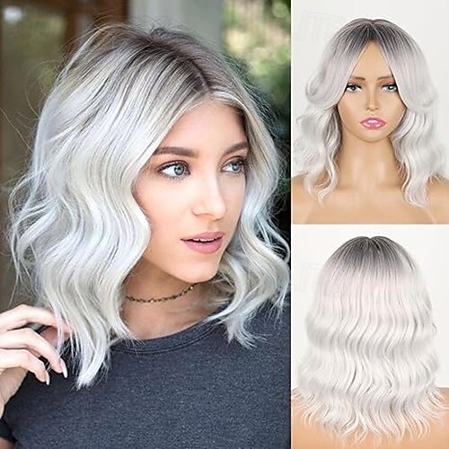 peruca curta ondulada bob com franja cortina, peruca curta ondulada com raízes escuras perucas bob para mulheres peruca bob ondulada de aparência natural com franja de 2025 por $18.99 –P3